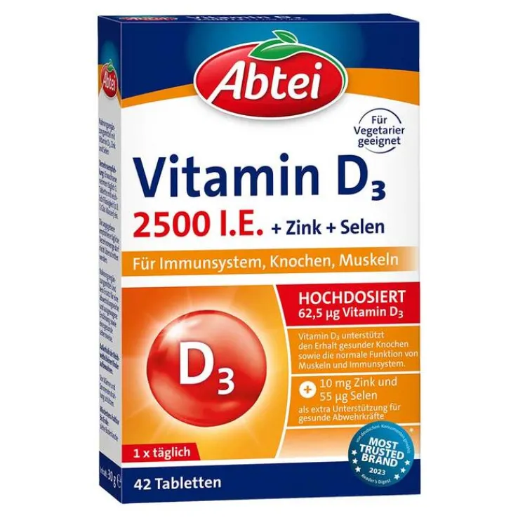Abtei Vitamin D3 2500 I.E. Tabletten Titandioxidfr, 42 St