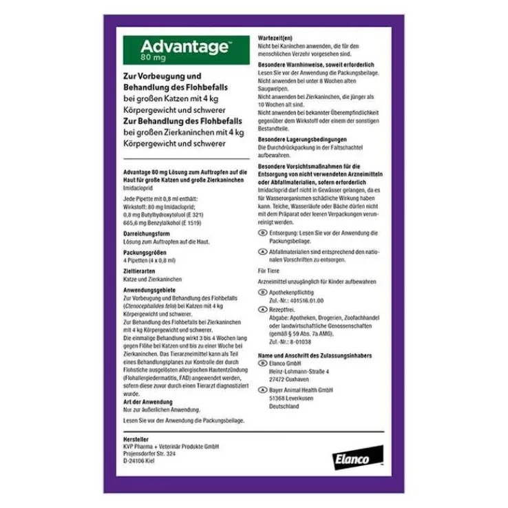 Advantage 80 für große Katzen und Zierkaninchen ab 4 kg, 4X0.8 ml