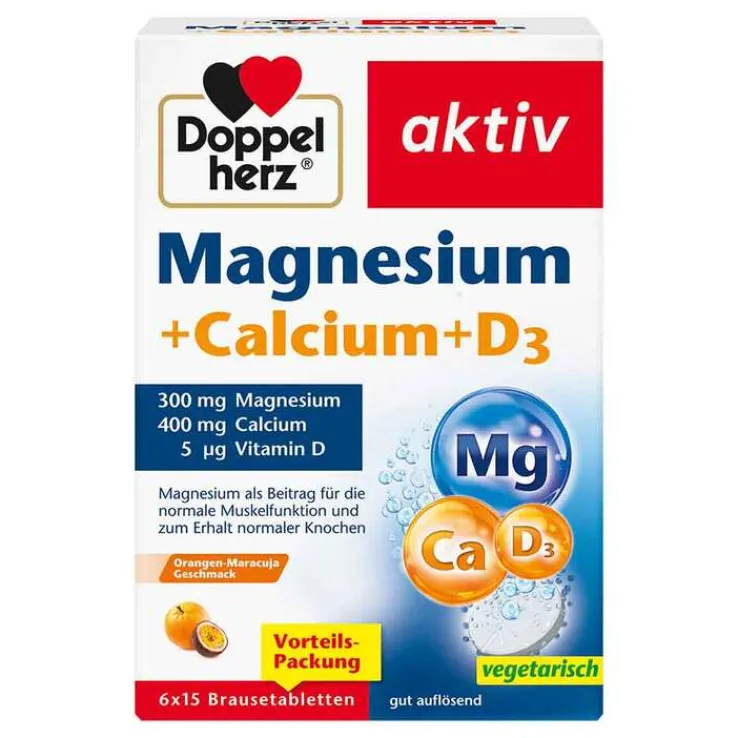 Doppelherz Magnesium + Calcium + D3 Brausetabletten, 6X15 St