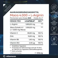 Maca 4:1 hochdosiert + L-Arginin Kapseln, 240 St