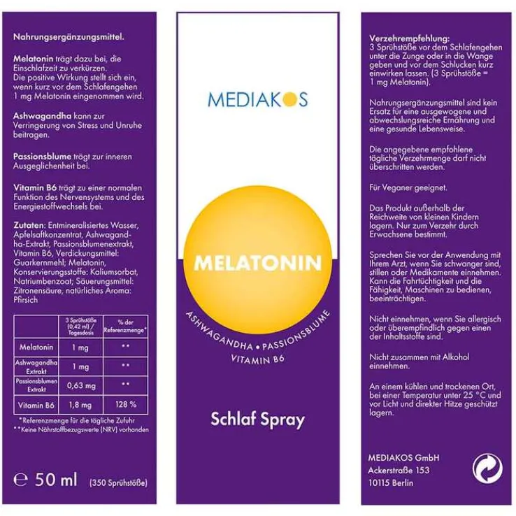 Melatonin Ashwagandha Mediakos Schlaf Spray vegan, 20 ml