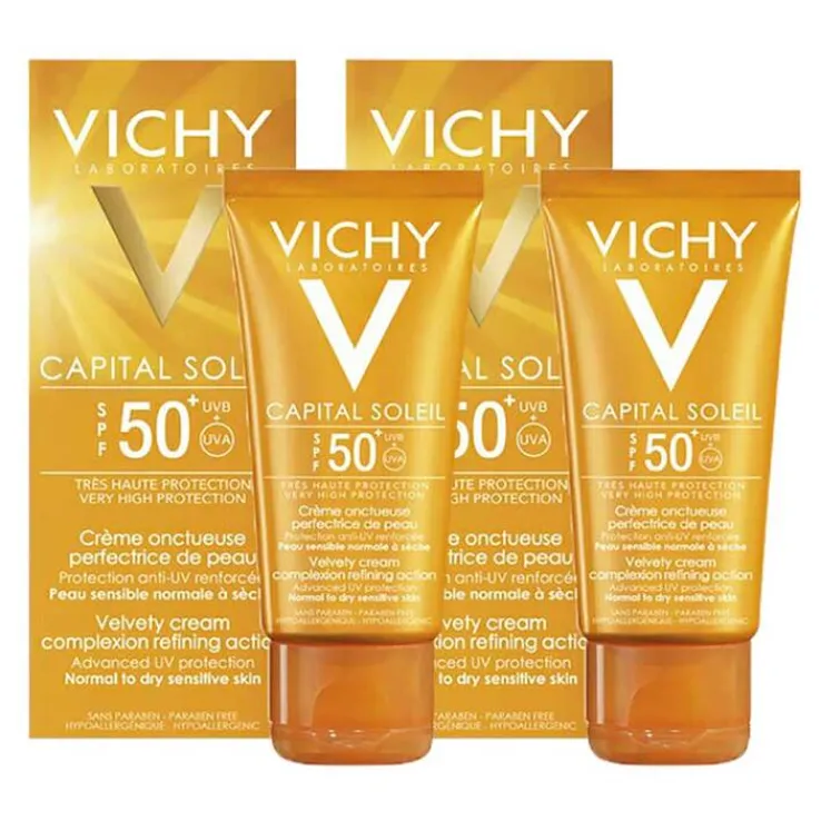 Vichy Capital Soleil Hautperfektionierende Sonnen-Creme LSF 50+ für das Gesicht, 2x50 ml