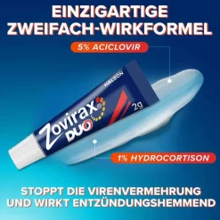 Zovirax® DUO Creme bei Lippenherpes. 5 % Aciclovir, 1 % Hydrocortison, 2 g